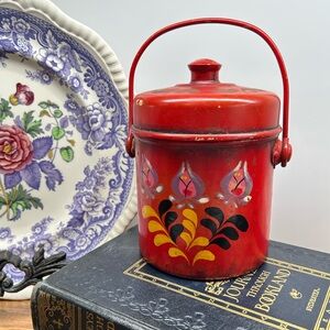 Vintage Painted Red Small Rustic Metal Canister With Handle Home Decor Piece